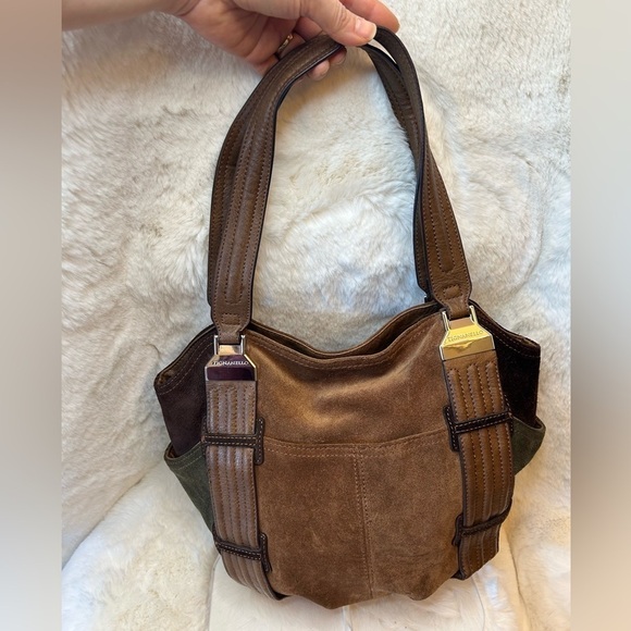 Tignanello brown suede leather colorblock shoulder bag purse w magnetic snap.  H - Picture 3 of 12